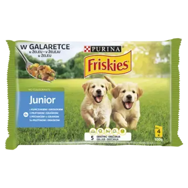 Friskies Junior Karma dla szczeniąt w galaretce z kurczakiem i groszkiem 400 g (4 x 100 g)