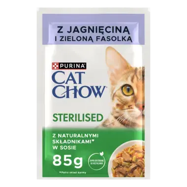 Purina® Cat Chow® Purina® Cat Chow®  Sterilised, delikatne kawałki w sosie Z jagnięciną i zieloną fasolką Pełnoporcjowa karma