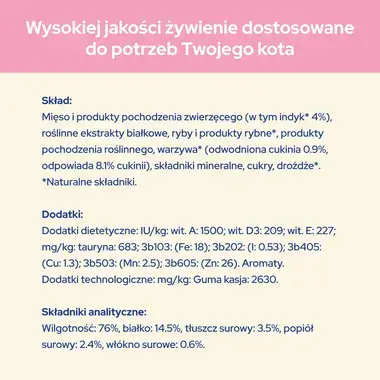 Purina® Cat Chow® Purina® Cat Chow® Kitten, delikatne kawałki w galaretce z indykiem i cukinią Pełnoporcjowa karma dla kociąt